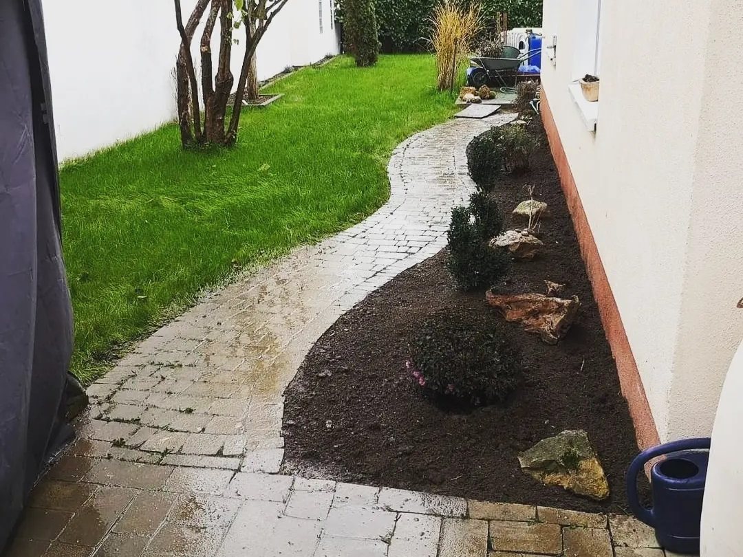 Vorgarten nachher: Rasen, bepflanztes Beet und geschwungener Pflasterweg