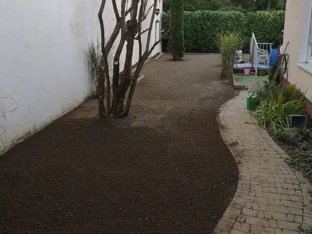 Vorgarten vorher: unbepflanzte Erdfläche an der Hausecke